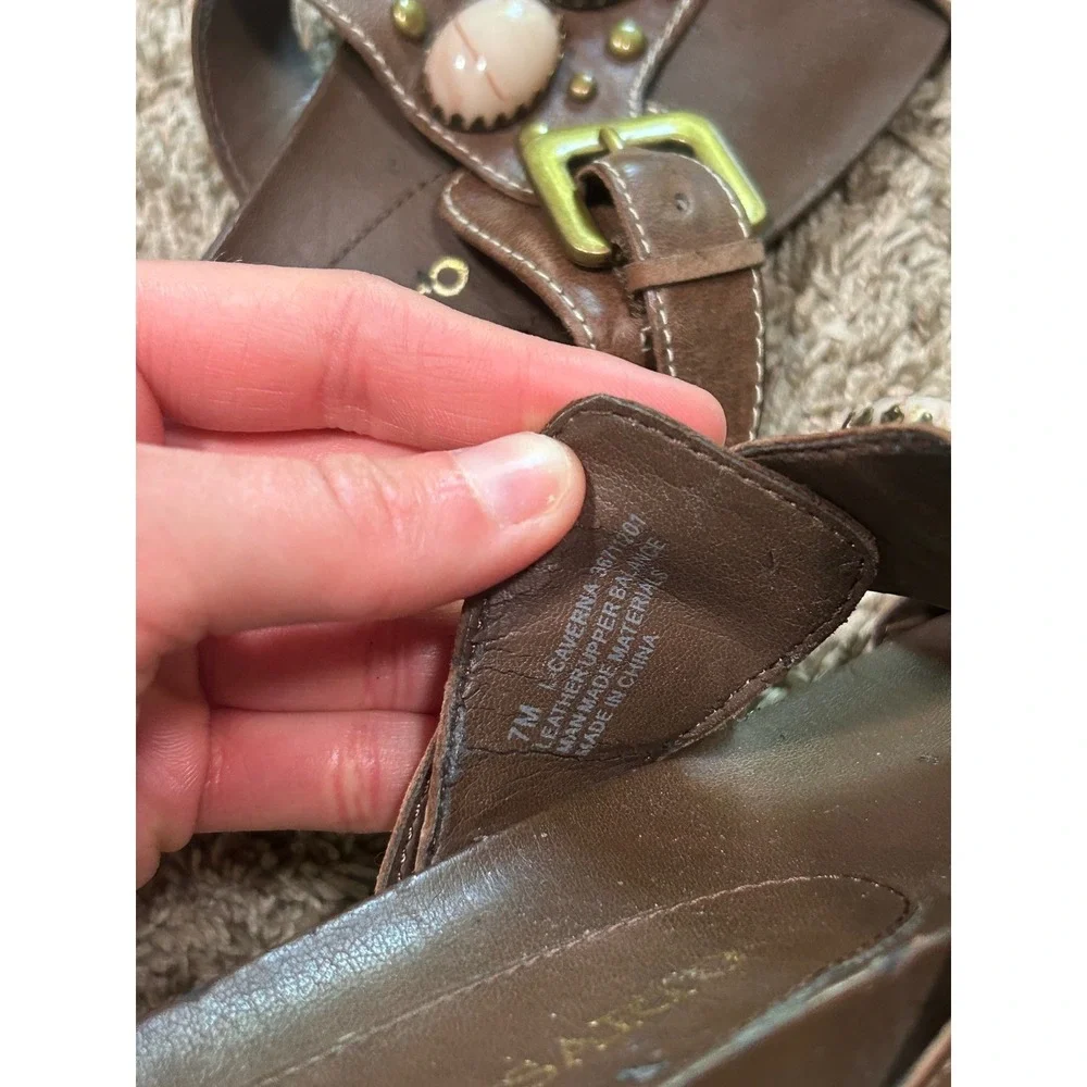 Franco Sarto Brown Leather Stone Studded Slide Sandals Western Boho Hippie  7M‎